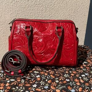 Patricia Nash Red Tooled Leather Satchel Crossbody NWOT